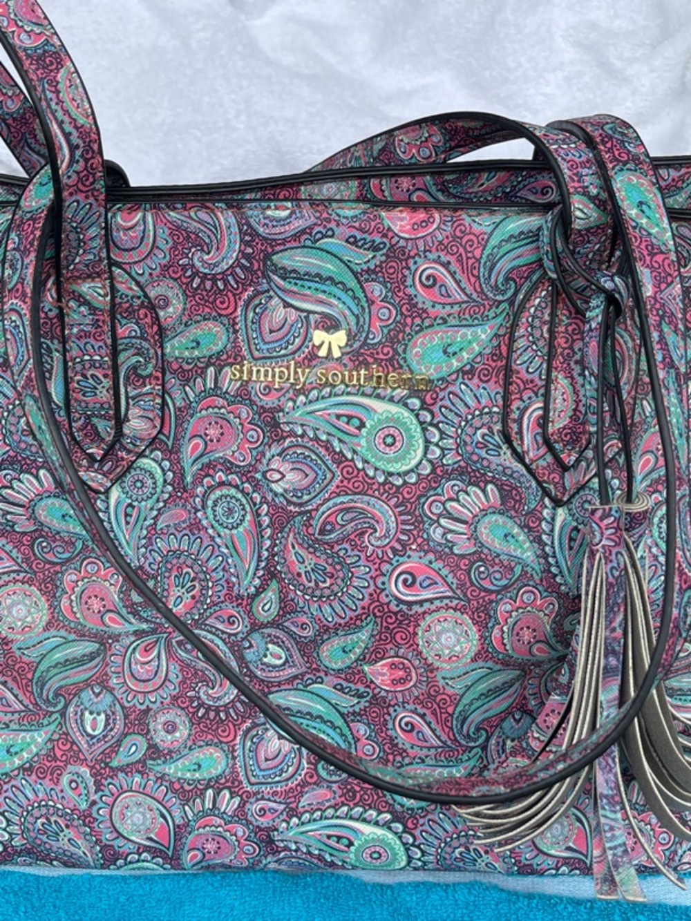 Simply Southern Pink and Teal Paisley Tote with Tassel